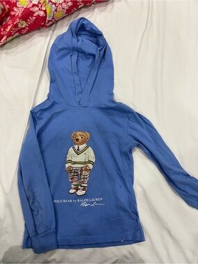 Ralph Lauren Kids Blue Polo Bear Hooded Long Sleeve Shirt